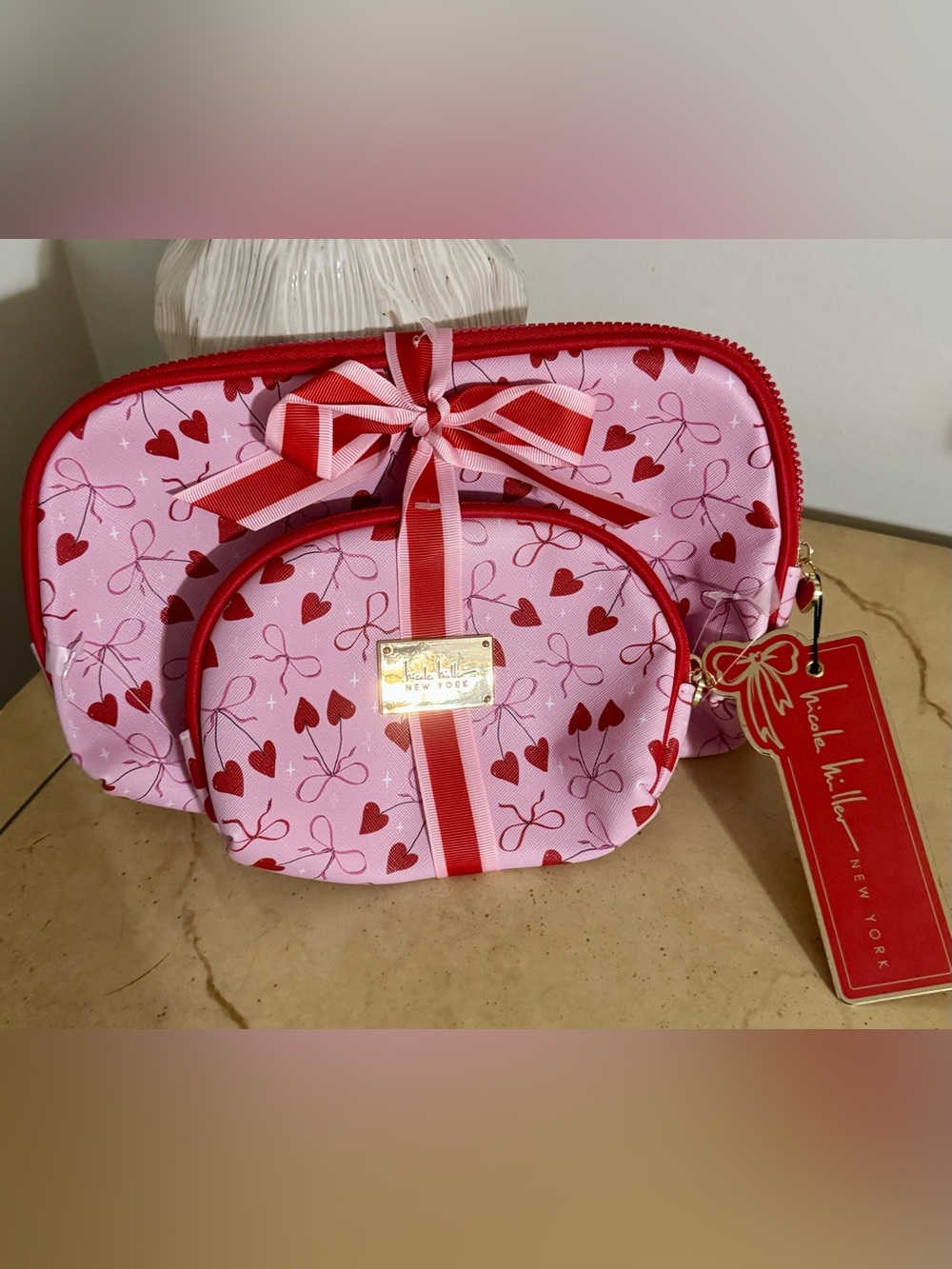 Nicole Miller Pink and Red Hearts and Cherries Cosmetic Pouch Set NEW
